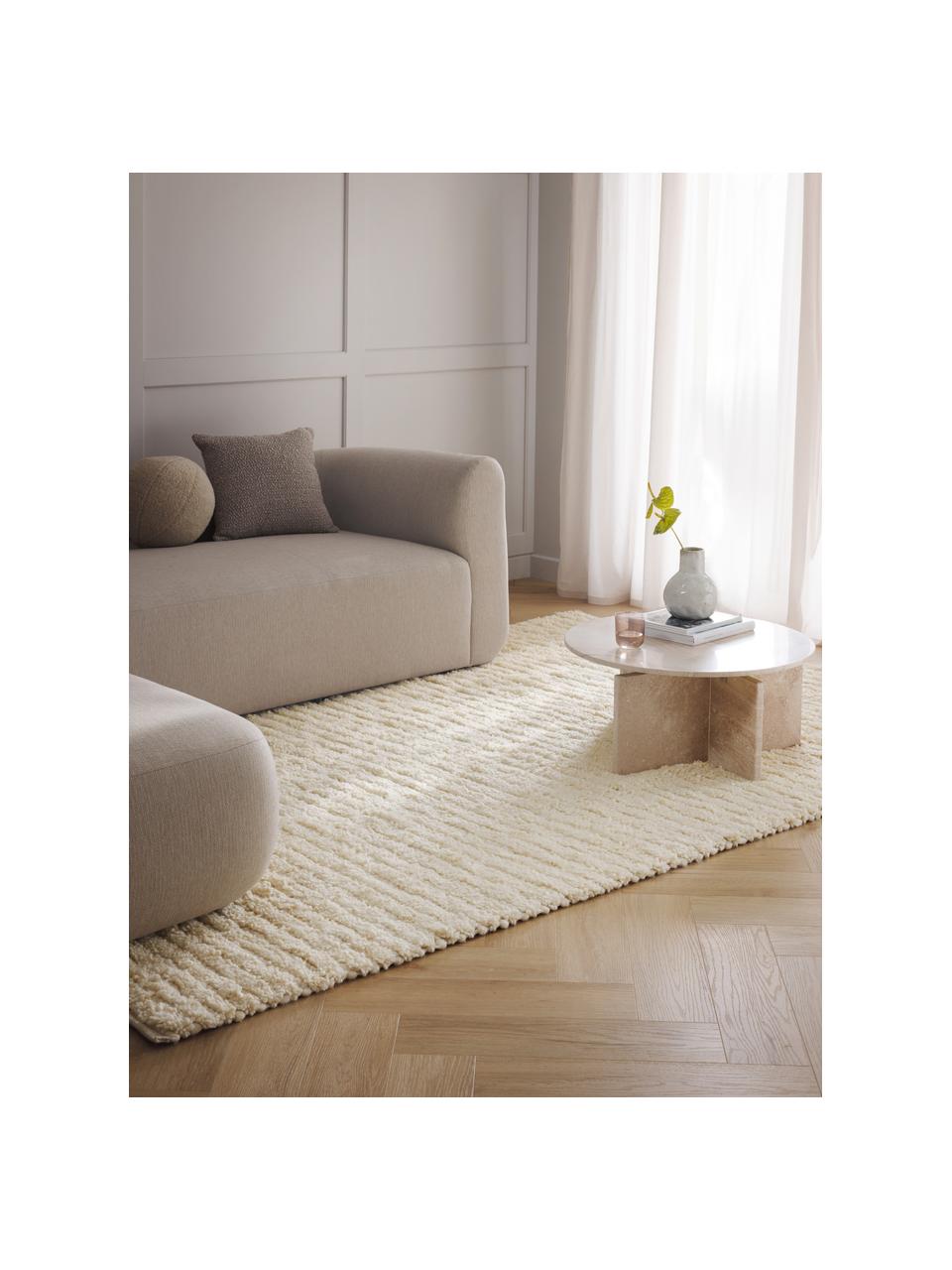 Tapis en laine à poils longs tissé à la main Octavia, 71 % laine, 29 % coton

Les tapis en laine peuvent perdre des fibres lors des premières semaines et des peluches peuvent se former, ce phénomène est naturel et diminue à mesure de votre usage et du temps, Blanc crème, larg. 80 x long. 150 cm (taille XS)