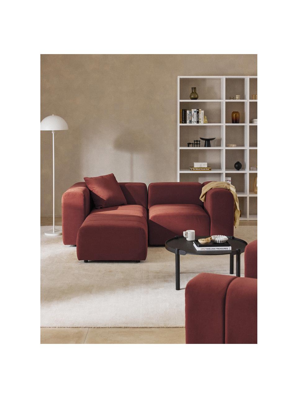 Modulares Samt-Sofa Lena (3-Sitzer) mit Hocker (links/rechts), Bezug: Samt (100 % Polyester) De, Gestell: Buchenholz, Spanplatte, H, Füße: Kunststoff, Samt Weinrot, B 211 x T 181 cm