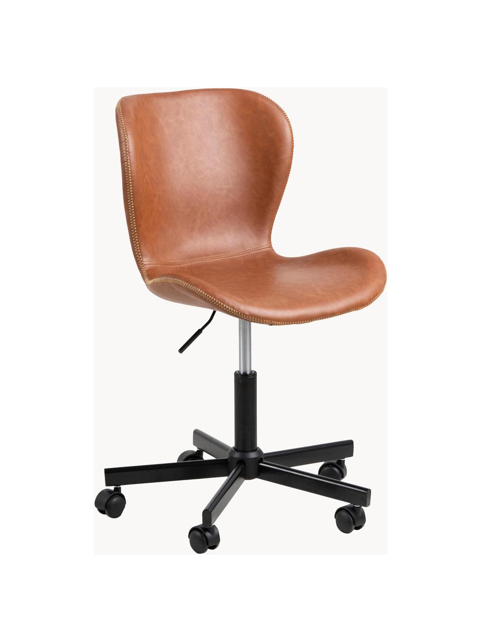 Krzesło biurowe ze sztucznej skóry Batilda, obrotowe, Tapicerka: sztuczna skóra (poliureta, Nogi: drewno kauczukowe lakiero, Stelaż: metal malowany proszkowo, Jasnobrązowa sztuczna skóra, S 55 x G 54 cm