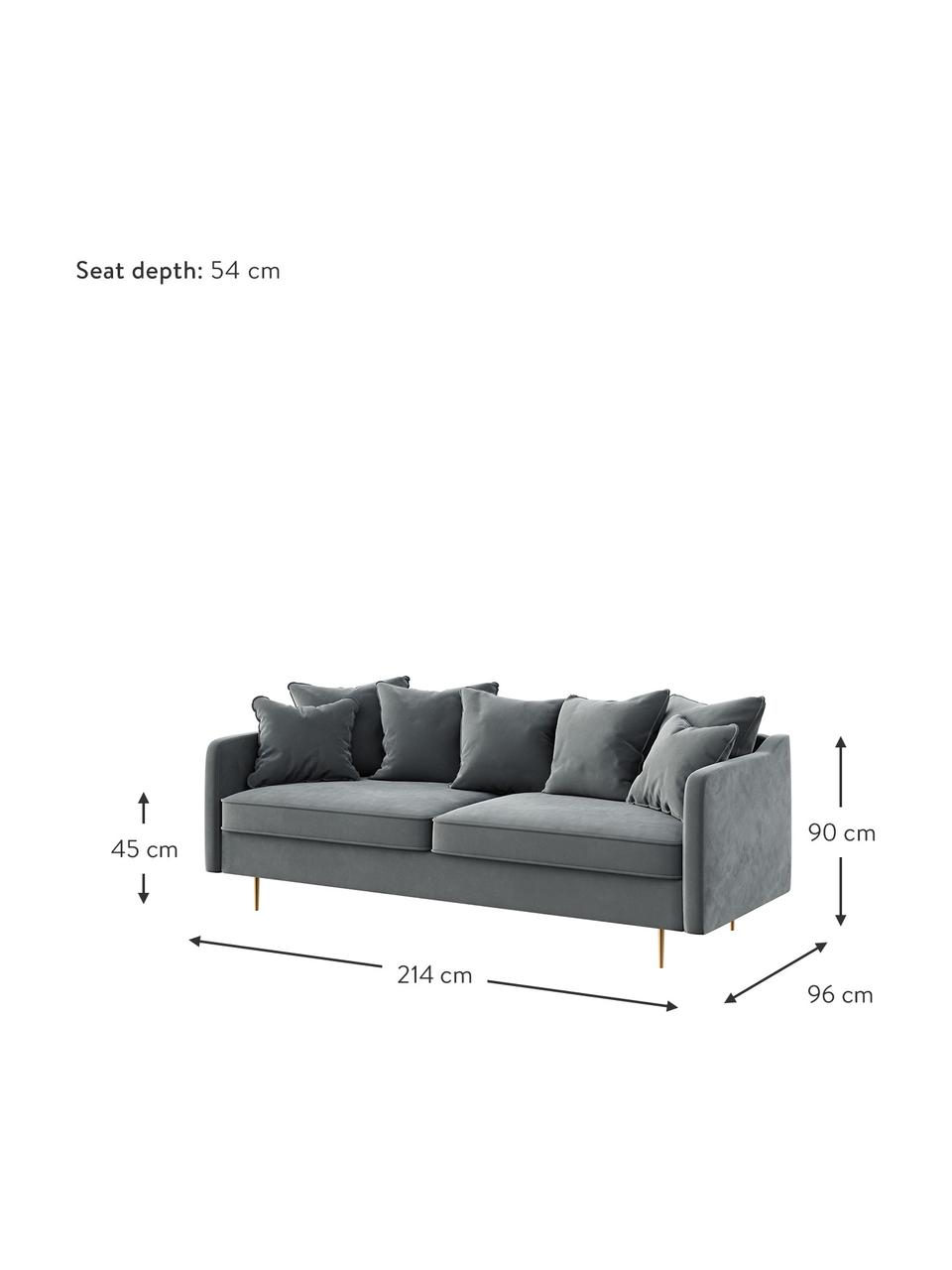 Sofa z aksamitu Esme (3-osobowa), Tapicerka: 100% aksamit poliestrowy , Nogi: metal powlekany, Aksamitny stalowoszary, nogi: odcienie mosiądzu, S 214 x G 96 cm