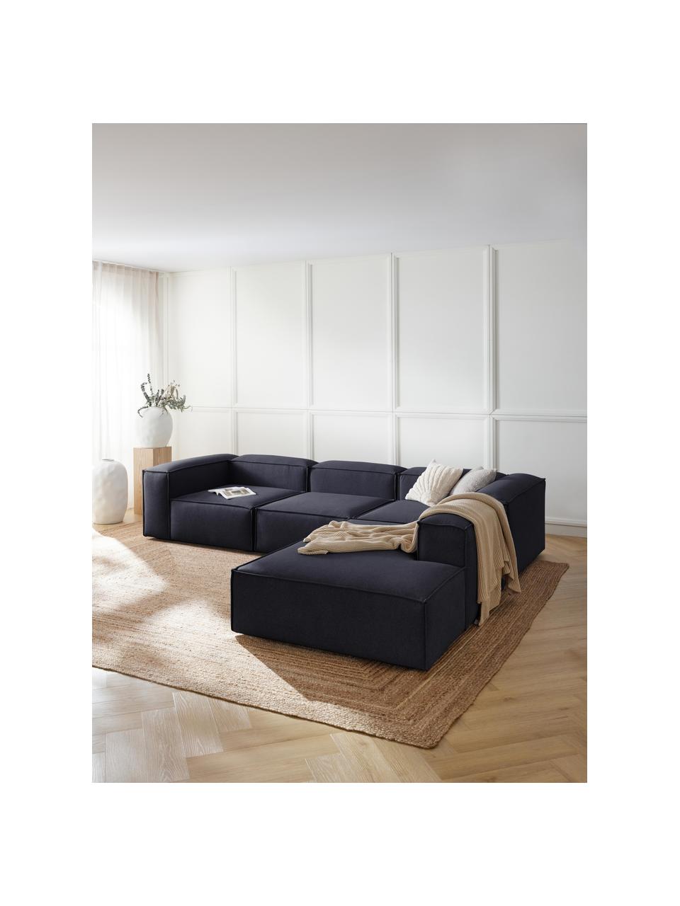 Canapé d'angle XL modulable Lennon, Tissu bleu foncé, larg. 329 x prof. 269 cm, méridienne à droite