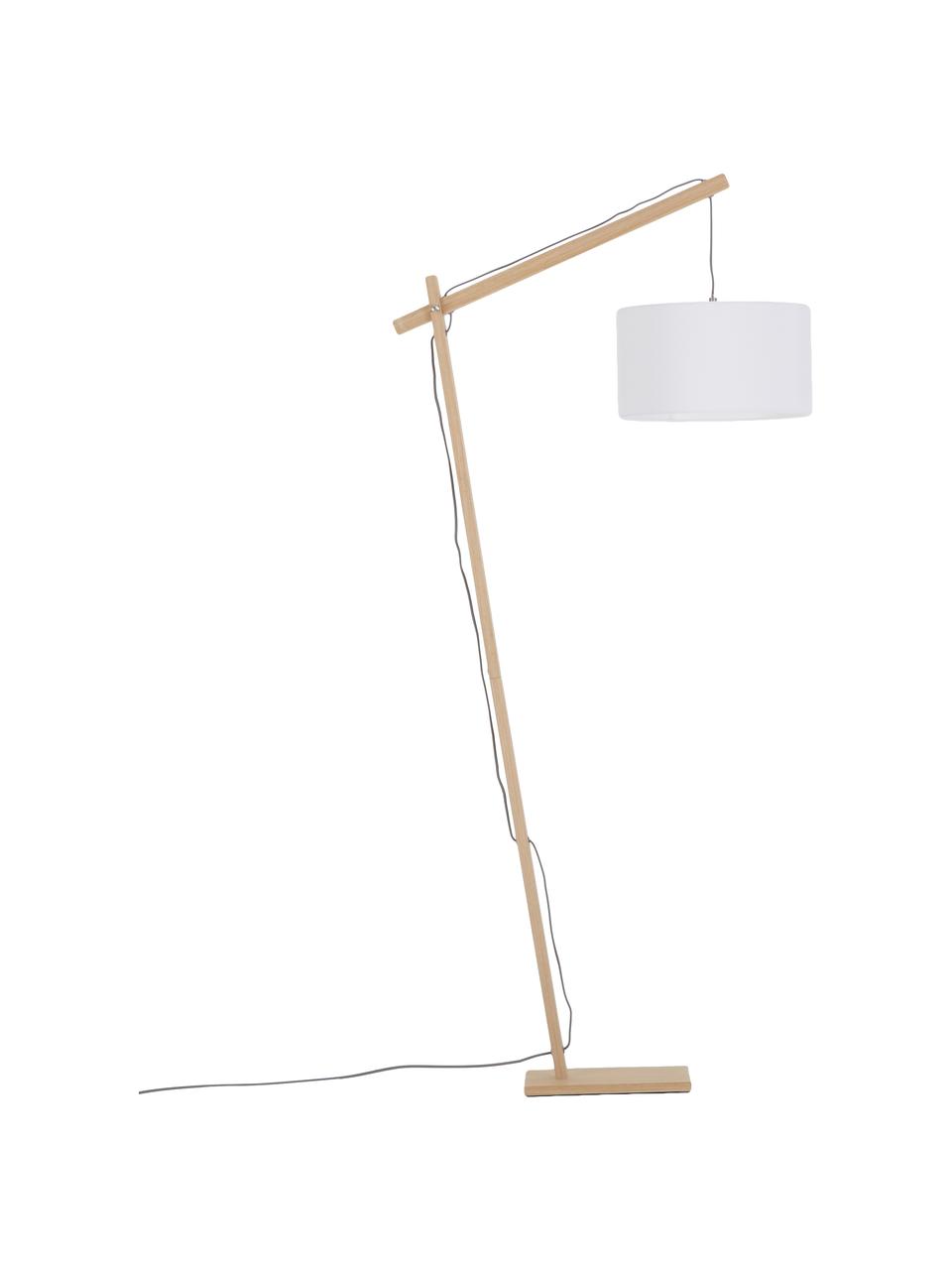 Lámpara de pie Woody, estilo escandinavo, Pantalla: poliéster, algodón, Cable: cubierto en tela, Chapa de madera, blanco, An 81 x Al 166 cm