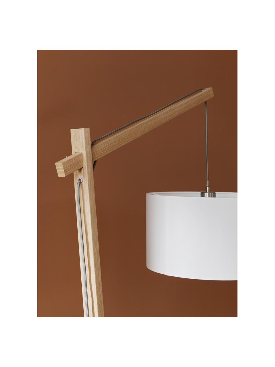 Scandi leeslamp Woody, Lampenkap: katoenmix, Lampvoet: metaal met houtfineer, Houtfineer, wit, B 81 cm x H 166 cm