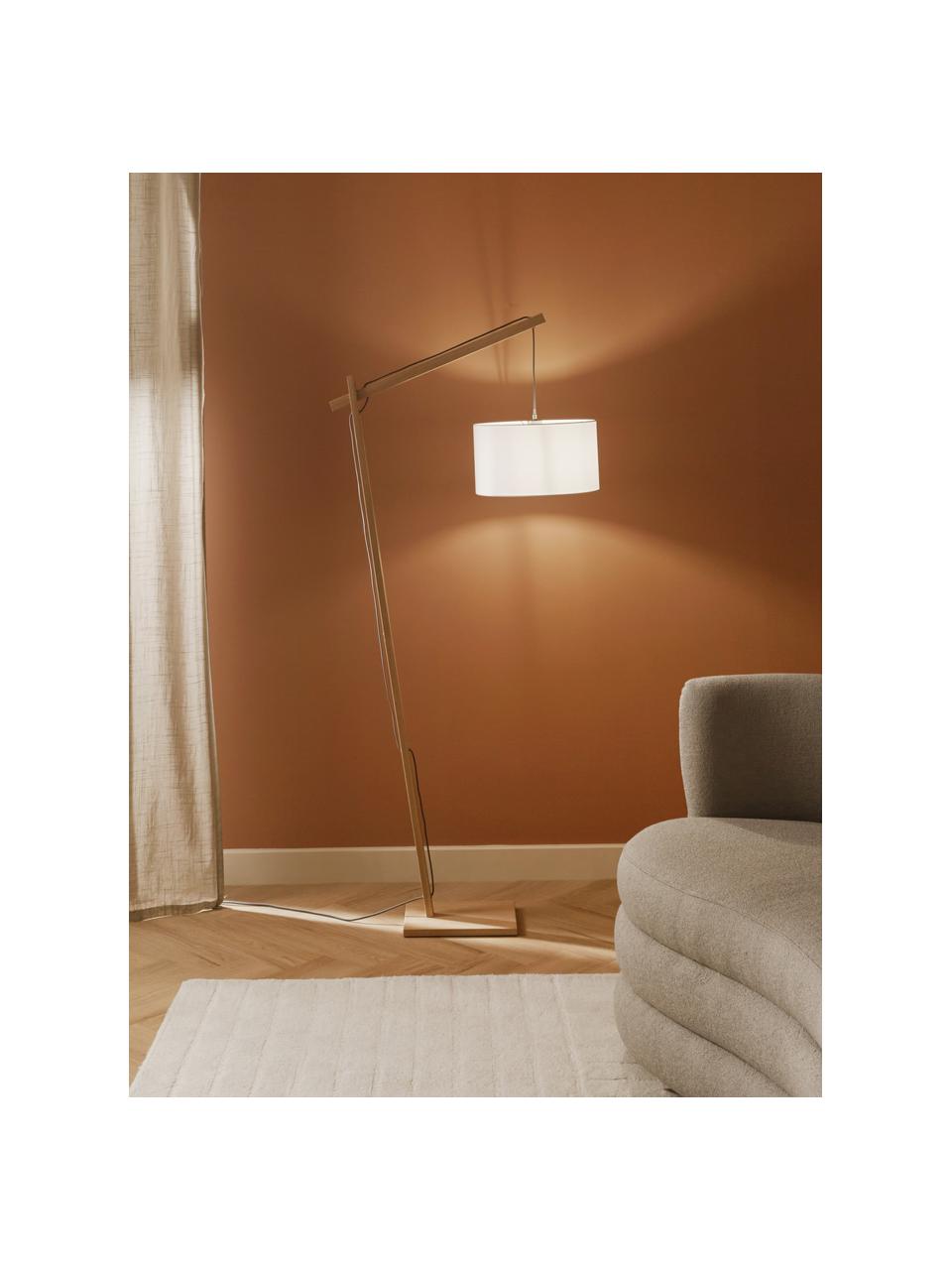 Skandi leeslamp Woody, Lampenkap: katoenmix, Lampvoet: metaal met houtfineer, Licht hout, wit, H 166cm