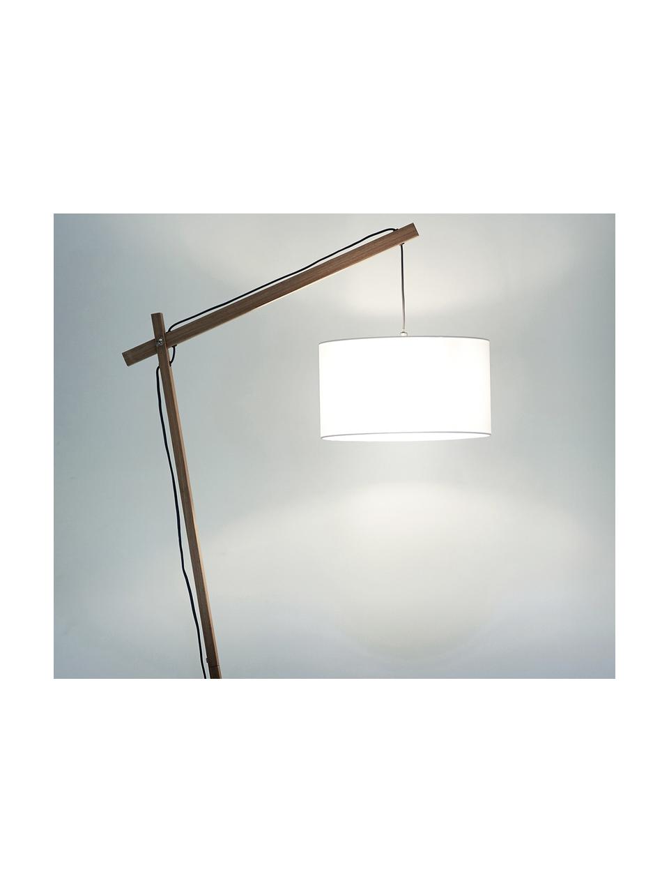 Skandi-Leselampe Woody, Lampenschirm: Baumwollgemisch, Lampenfuß: Metall mit Echtholzfurnie, Helles Holz, Weiß, H 166 cm