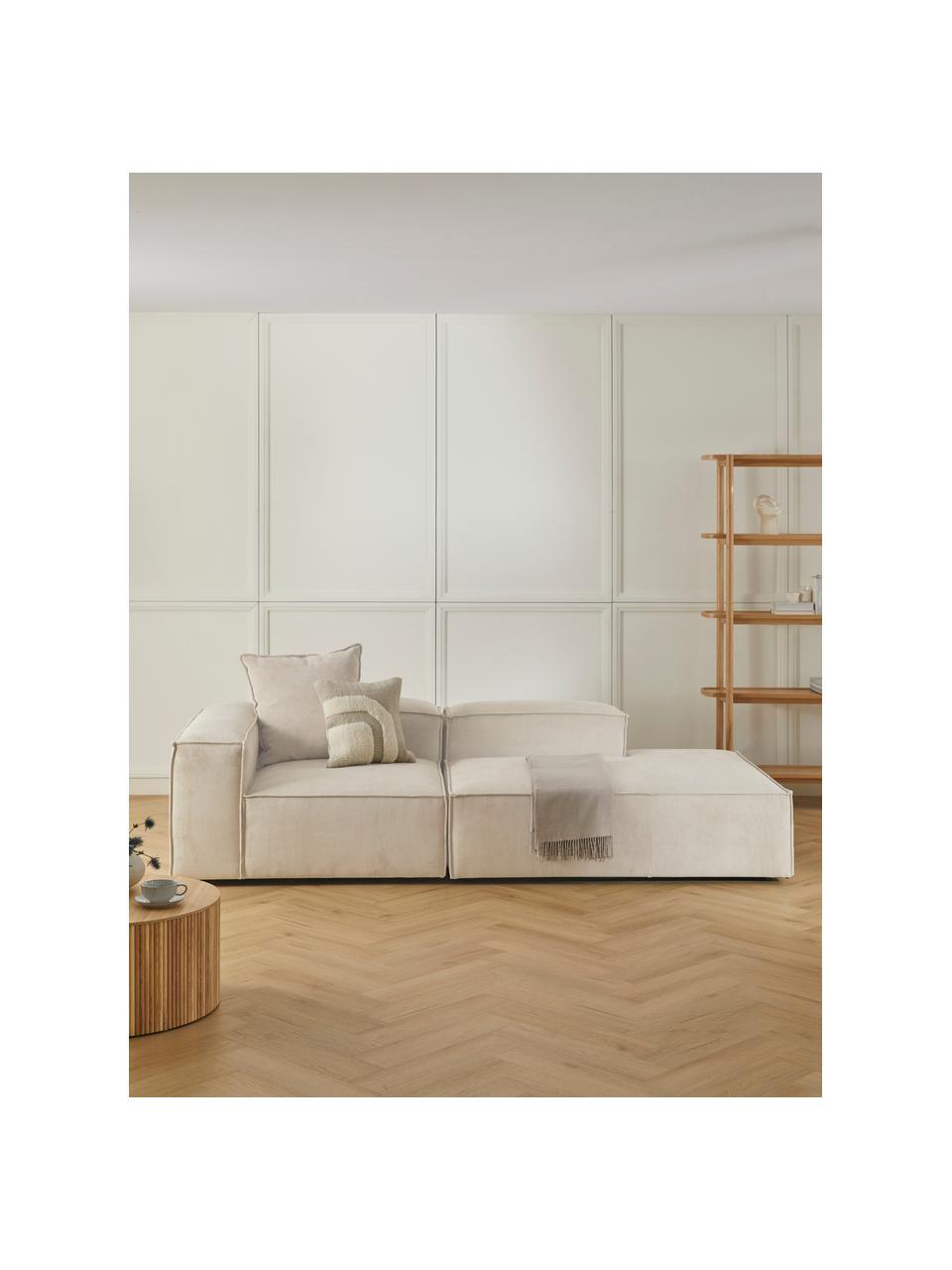 Diván modular grande de pana Lennon, Tapizado: pana (92% poliéster, 8% p, Estructura: madera de pino maciza, ma, Patas: plástico Este producto es, Pana beige claro, An 269 x F 119 cm, reposabrazos izquierdo