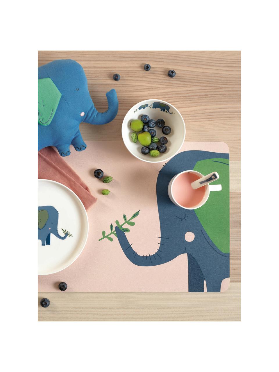 Placemats Leo Emma Elefant, 2 stuks, PVC met leren look, Perzik, donkerblauw, groen, B 33 x L 46 cm