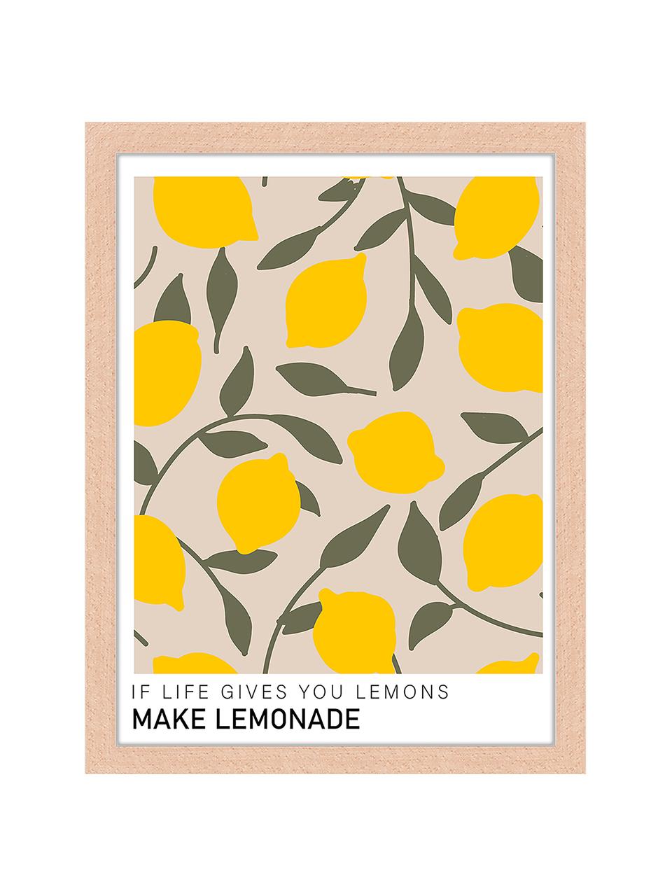 Stampa digitale incorniciata Make Lemonade, Cornice: legno di faggio, certific, Immagine: stampa digitale su carta , Legno chiaro, giallo sole, verde oliva, Larg. 33 x Alt. 43 cm