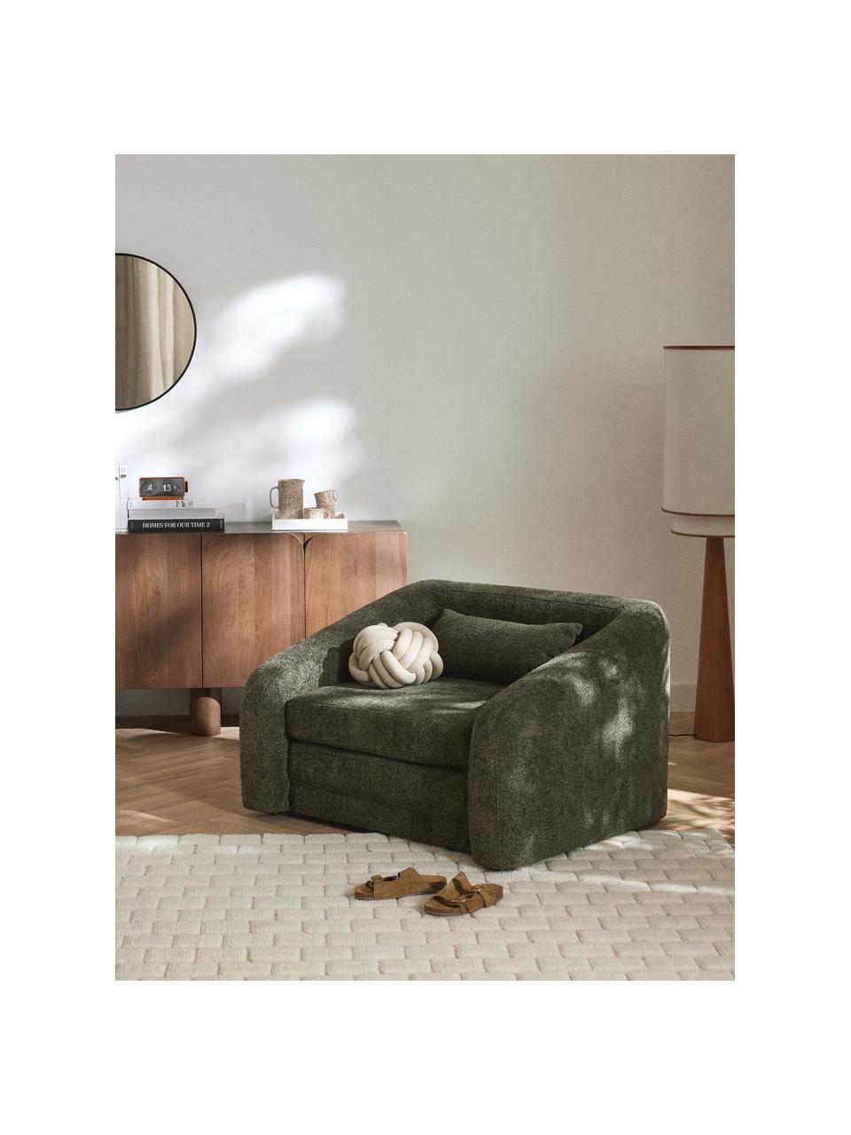 Fauteuil convertible en peluche-bouclette Eliot, Peluche-bouclette vert foncé, larg. 100 x prof. 94 cm