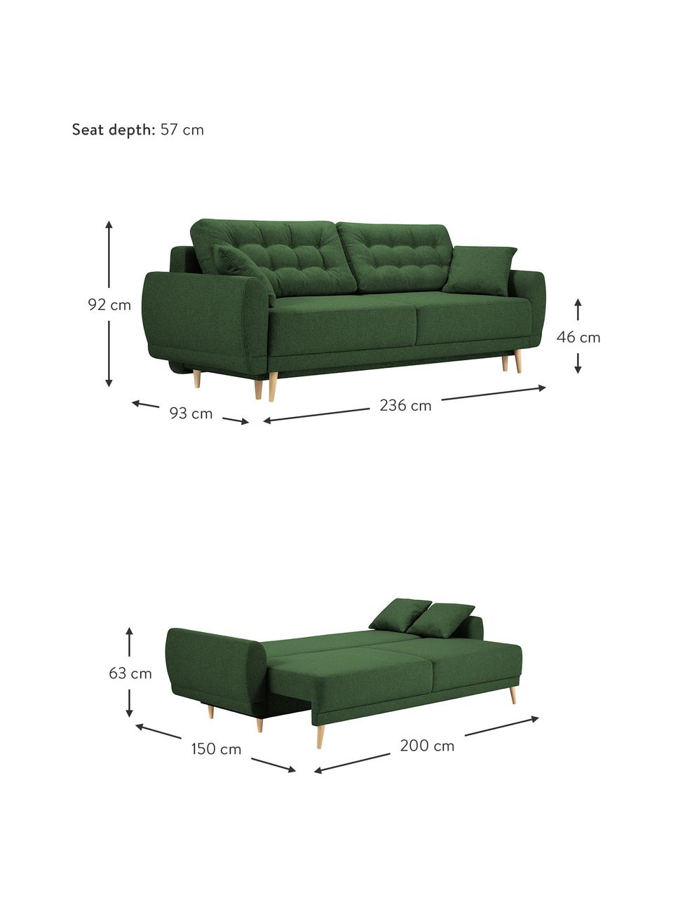 Divano letto 3 posti in tessuto verde Spinel, Verde, Larg. 236 x Prof. 93 cm