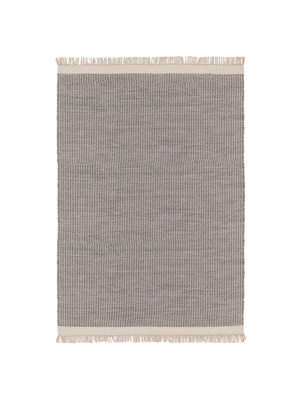 Ręcznie tkany dywan z wełny z frędzlami Kim, 80% wełna, 20% bawełna
Włókna dywanów wełnianych mogą nieznacznie rozluźniać się w pierwszych tygodniach użytkowania, co ustępuje po pewnym czasie, Szary, kremowy, S 120 x D 170 cm (Rozmiar S)