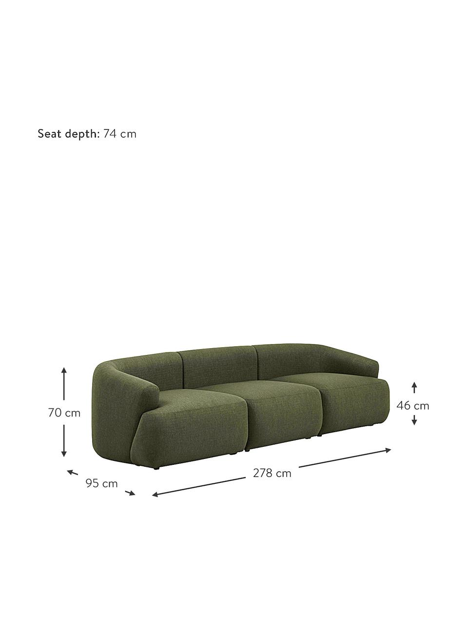 Modulares Sofa Sofia (3-Sitzer) in Grün, Bezug: 100% Polypropylen Der hoc, Gestell: Massives Kiefernholz, Spa, Füße: Kunststoff, Webstoff Grün, B 278 x T 95 cm