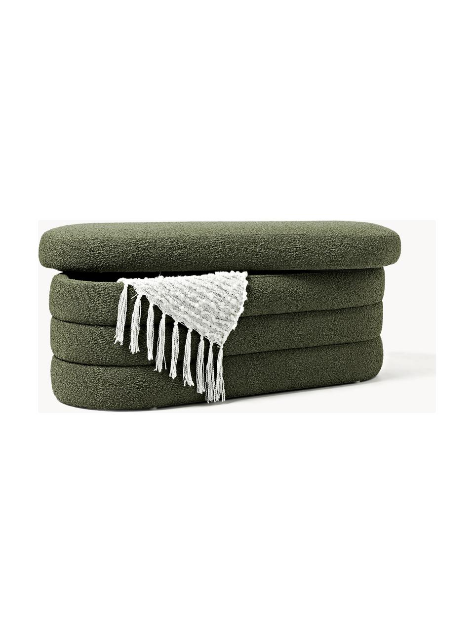 Panca imbottita in bouclé con vano contenitore Alto, Rivestimento: bouclé (100% poliestere) , Struttura: legno di pino, compensato, Bouclé verde scuro, Larg. 112 x Prof. 47 cm