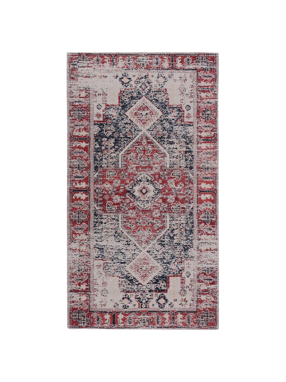 Tapis vintage chenille Toulouse, Tons rouges et bleus, larg. 80 x long. 150 cm (taille XS)