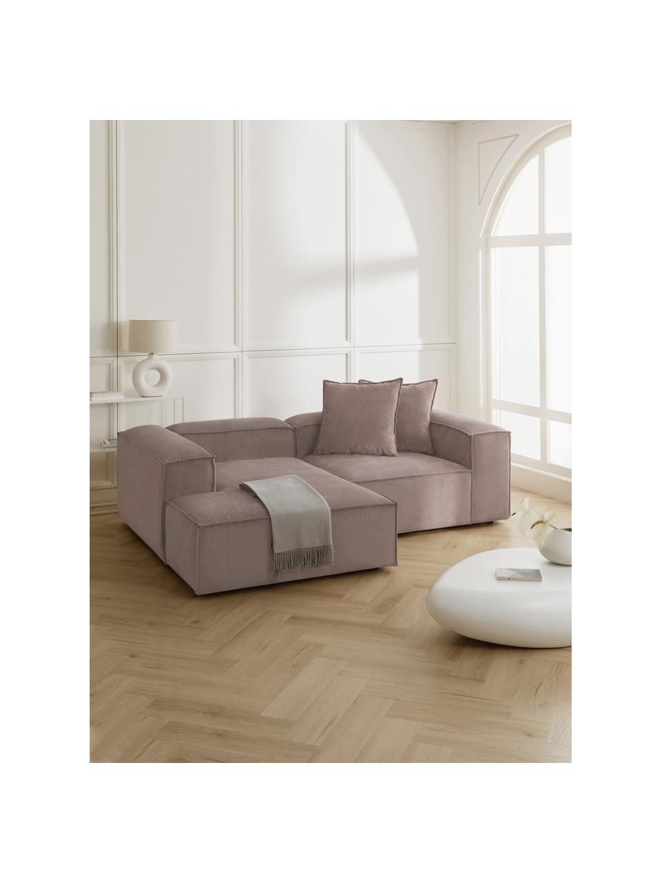 Canapé d'angle modulable velours côtelé Lennon, Velours côtelé brun, larg. 238 x prof. 180 cm, méridienne à gauche