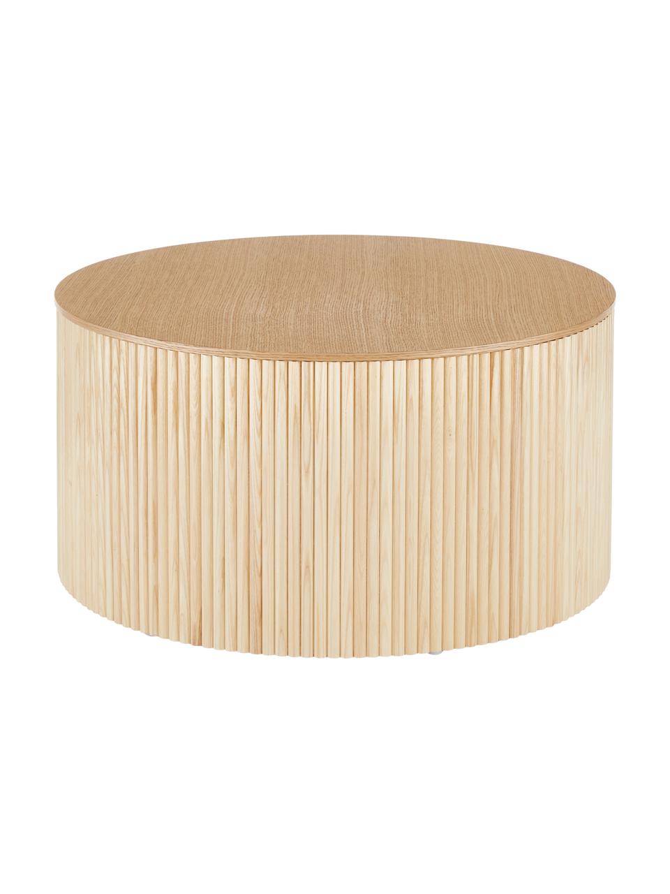Tavolino da salotto rotondo con contenitore Nele, Pannello di fibra a media densità (MDF) con finitura in legno di frassino, Marrone chiaro, Ø 70 x Alt. 36 cm