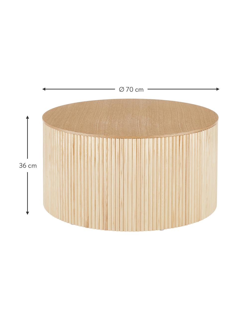 Tavolino da salotto rotondo con contenitore Nele, Pannello di fibra a media densità (MDF) con finitura in legno di frassino, Marrone chiaro, Ø 70 x Alt. 36 cm