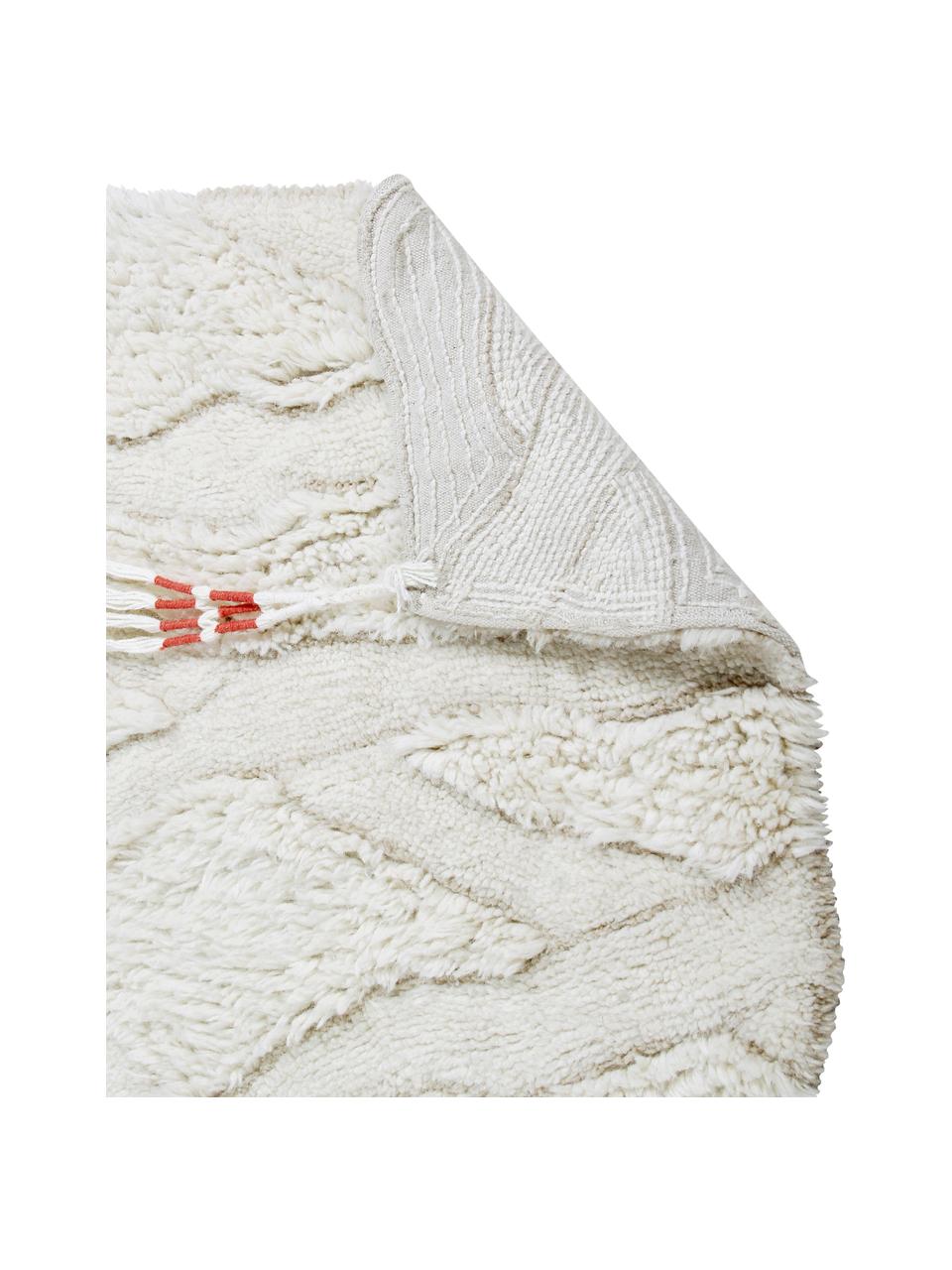 Passatoia in lana lavabile con motivo a rilievo e nappe Enkang Ivory, Retro: cotone riciclato Nel caso, Bianco latteo, Larg. 70 x Lung. 200 cm