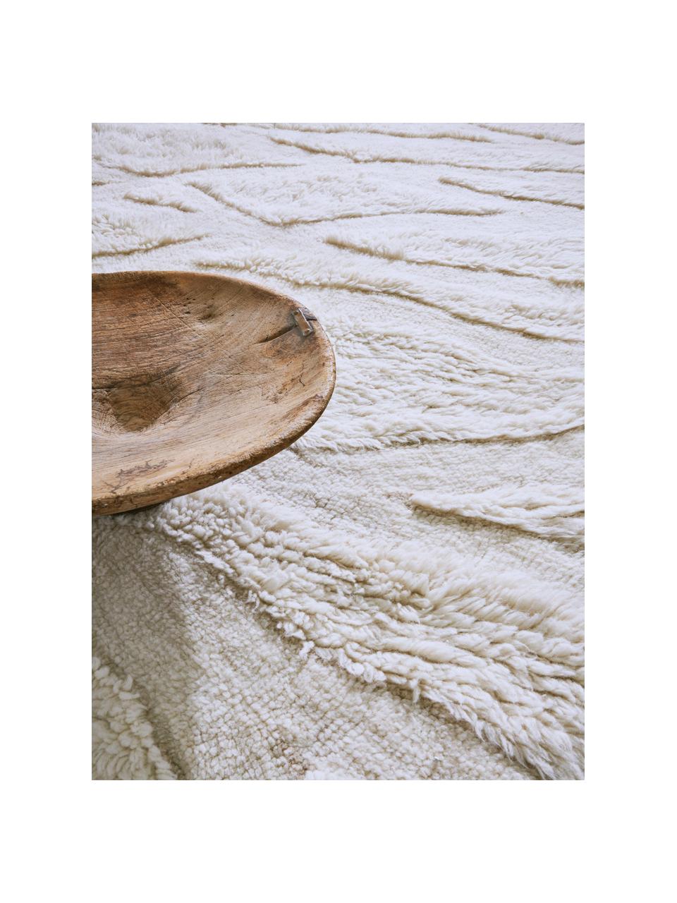 Waschbarer Wollläufer Enkang Ivory mit Hoch-Tief-Struktur und Quasten, Flor: 100% Wolle, Gebrochenes Weiß, B 70 cm x L 200 cm