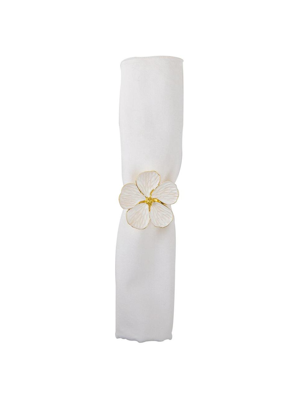 Rond de serviette de table Fleur, 4 pièces, Métal, Couleur dorée, blanc, Ø 4 cm