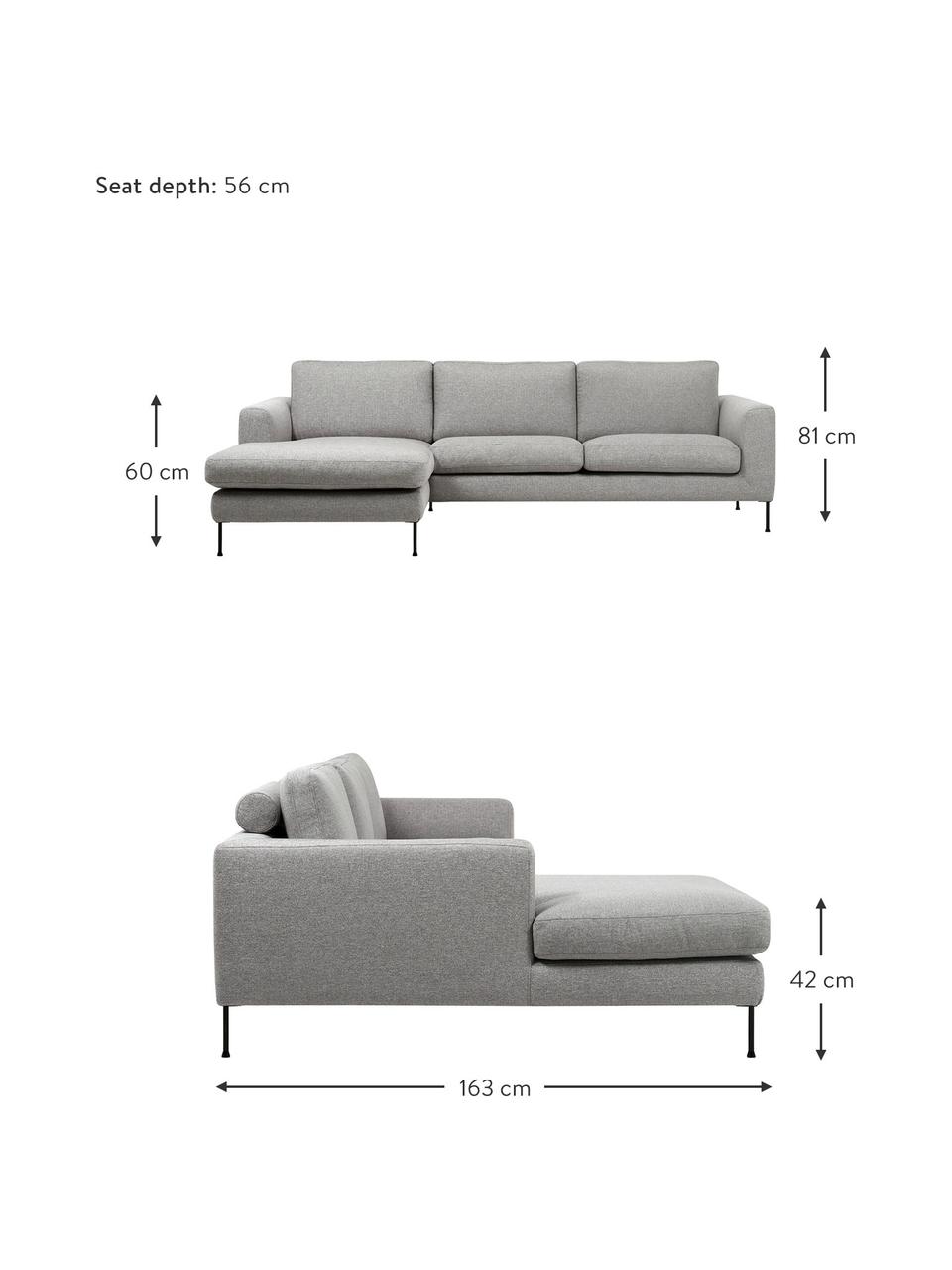 Sofa narożna z metalowymi nogami Cucita (3-osobowa), Tapicerka: tkanina (100% poliester) , Stelaż: lite drewno sosnowe z cer, Nogi: metal lakierowany Ten pro, Jasnoszara tkanina, S 262 x G 163 cm, lewostronna