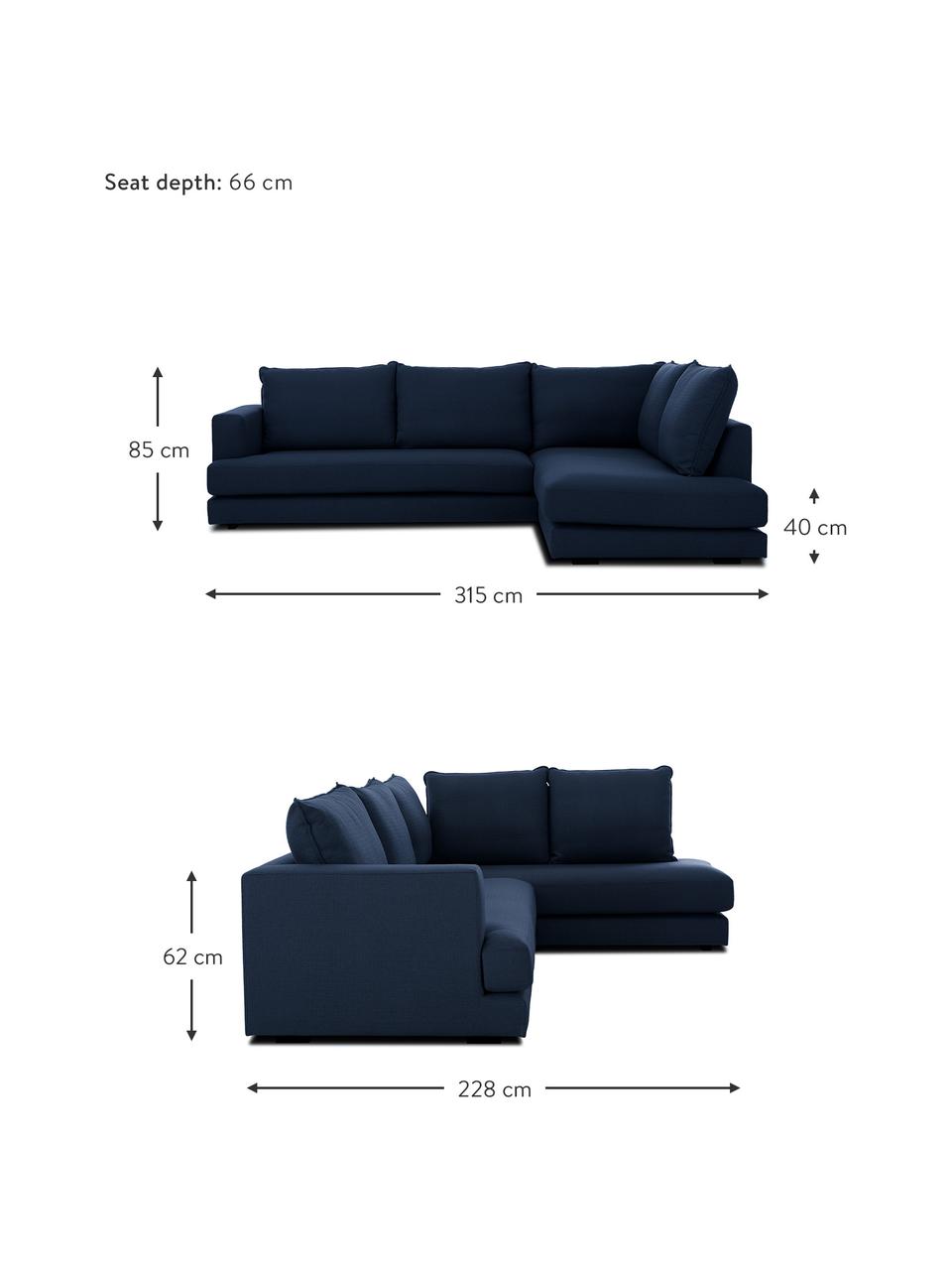 Divano angolare XL in tessuto blu scuro Tribeca, Rivestimento: poliestere Il rivestiment, Struttura: legno di pino massiccio, Piedini: legno massiccio di faggio, Tessuto blu scuro, Larg. 315 x Prof. 228 cm, angolo a destra