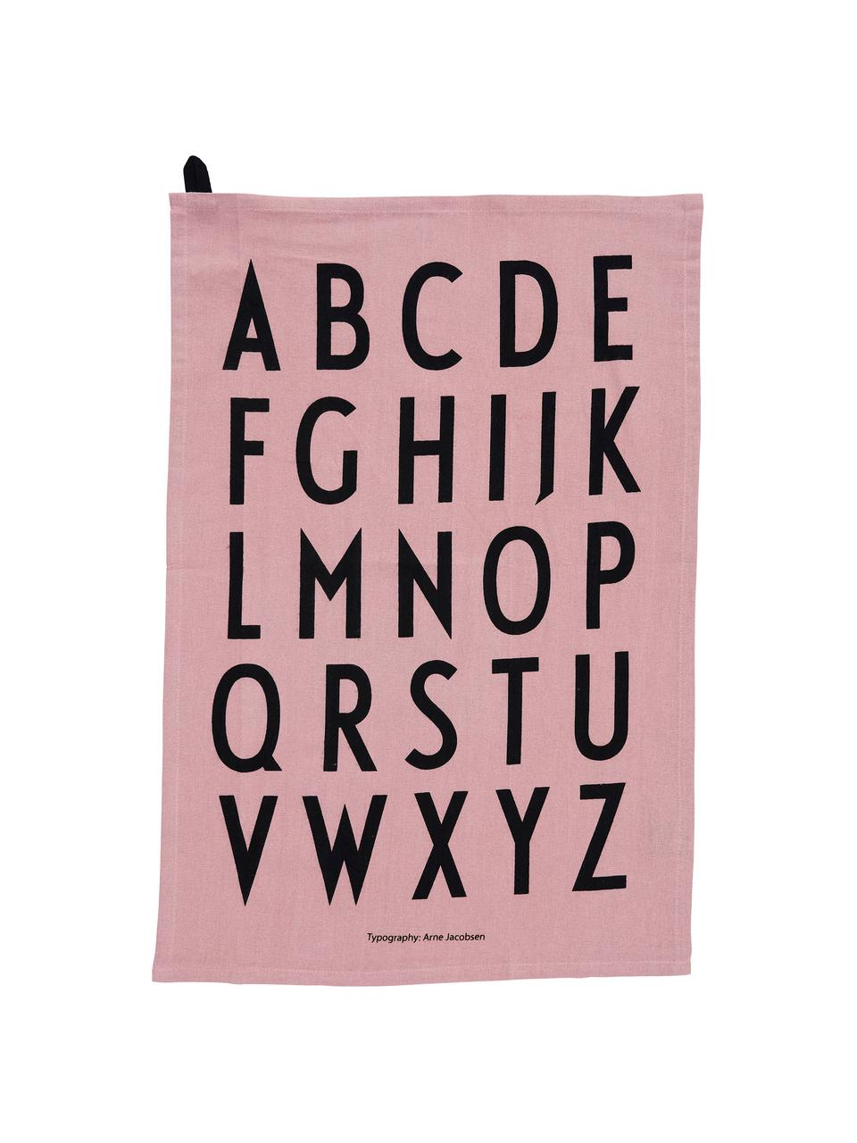 Katoenen theedoeken Classic in roze met design letters, 2 stuks, Katoen, Roze, zwart, B 40 x L 60 cm