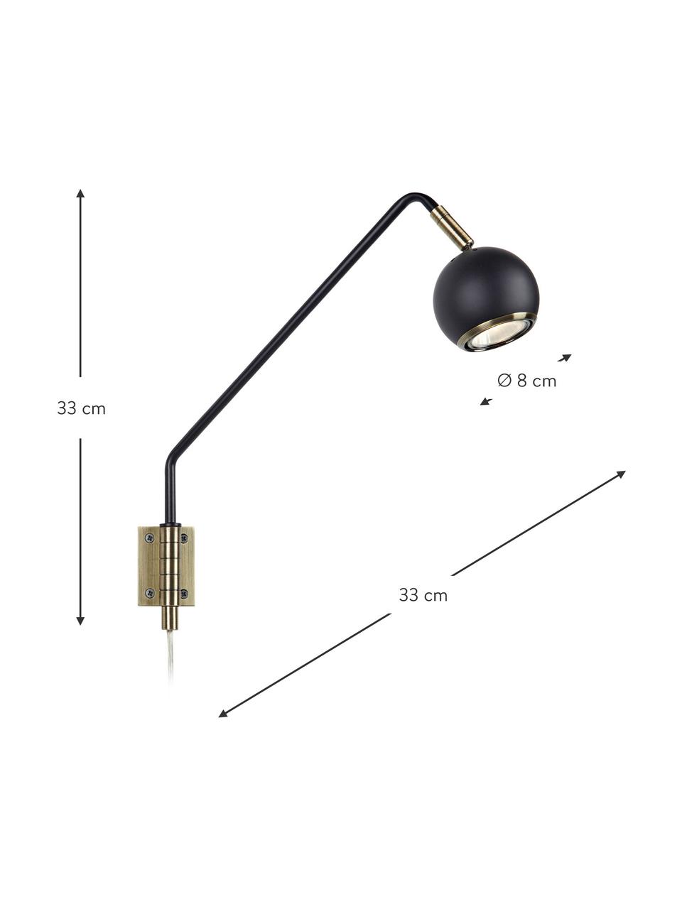 Verstelbare wandlamp Coco met stekker, Lampenkap: gecoat metaal, Frame: gecoat metaal, Decoratie: geborsteld metaal, Zwart, goudkleurig, D 33 x H 33 cm