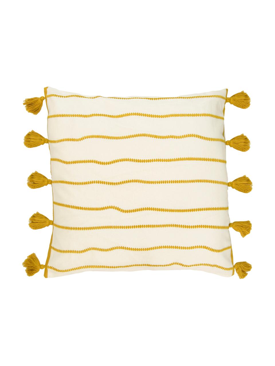 Funda de cojín con borlas Blanket, 100% algodón, Amarillo, blanco, An 50 x L 50 cm