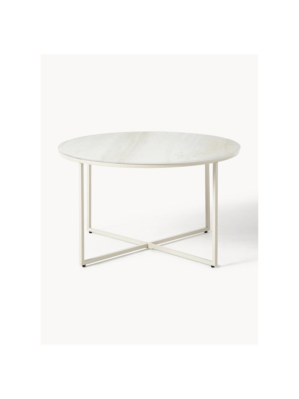 Tavolino rotondo da salotto con piano in vetro effetto marmo Antigua, Struttura: acciaio verniciato a polv, Effetto travertino beige, beige chiaro opaco, Ø 80 cm
