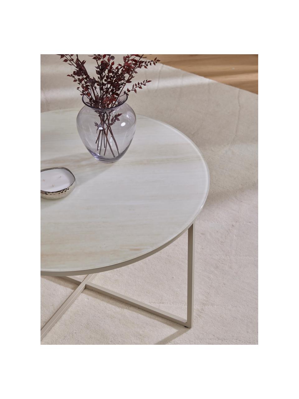 Ronde salontafel Antigua met glazen tafelblad in marmerlook, Tafelblad: glas, mat bedrukt, Frame: gepoedercoat staal, Travertijnlook, beige, Ø 80 cm