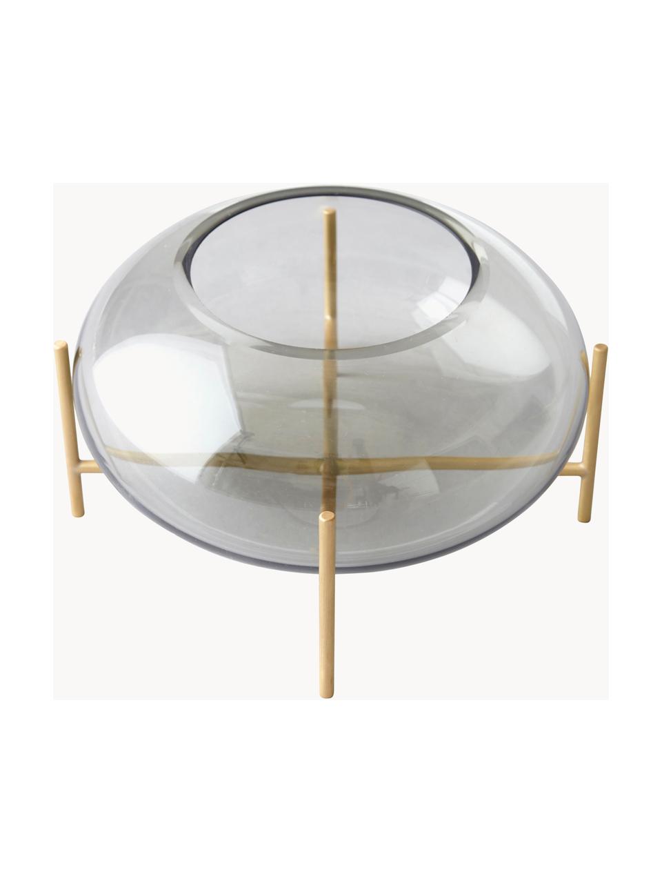 Teelichthalter Hurricane aus Glas, Messing, gebürstet
Glas, Hellgrau, transparent, Goldfarben, Ø 14 x H 9 cm