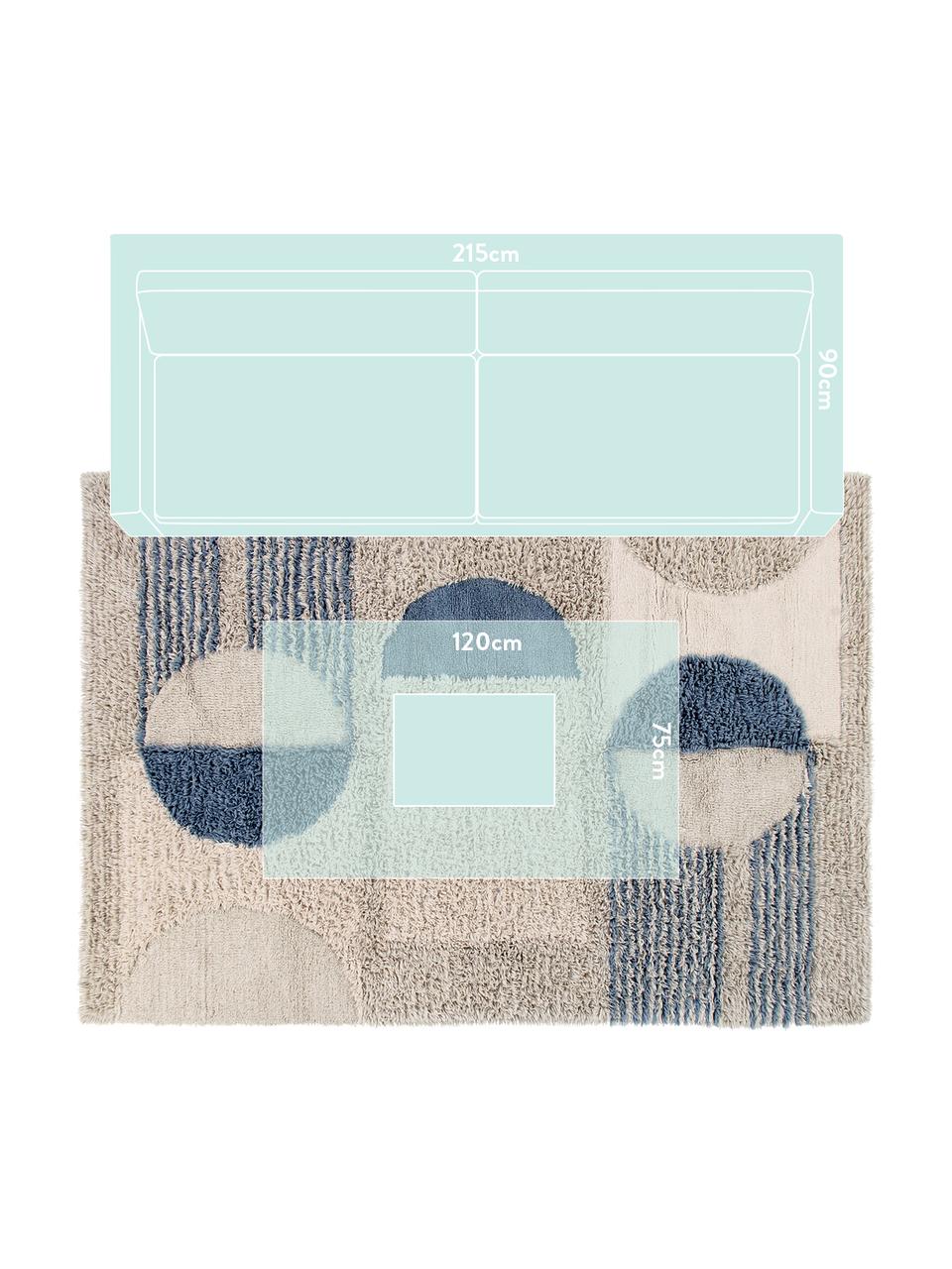 Tappeto in lana lavabile con motivo geometrico Woolable Sunray, Retro: cotone riciclato Nel caso, Beige, color sabbia, marrone, blu scuro, Larg. 170 x Lung. 240 cm (taglia M)