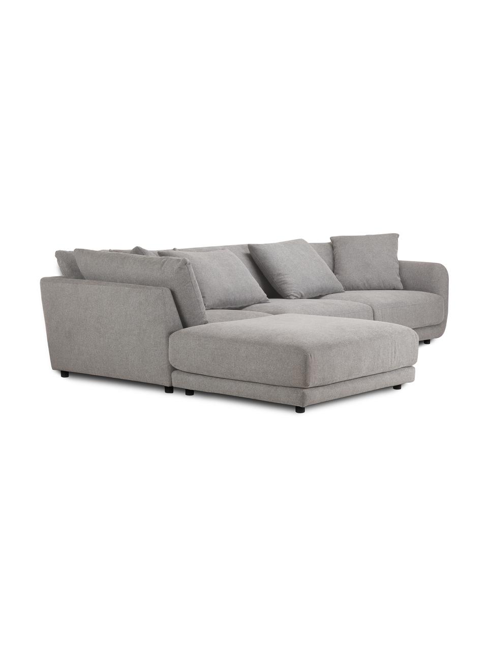 Divano componibile 3 posti in tessuto grigio con poggiapiedi Jasmin, Rivestimento: 85% poliestere, 15% nylon, Struttura: legno massiccio di abete , Piedini: plastica, Tessuto grigio, Larg. 300 x Alt. 84 cm