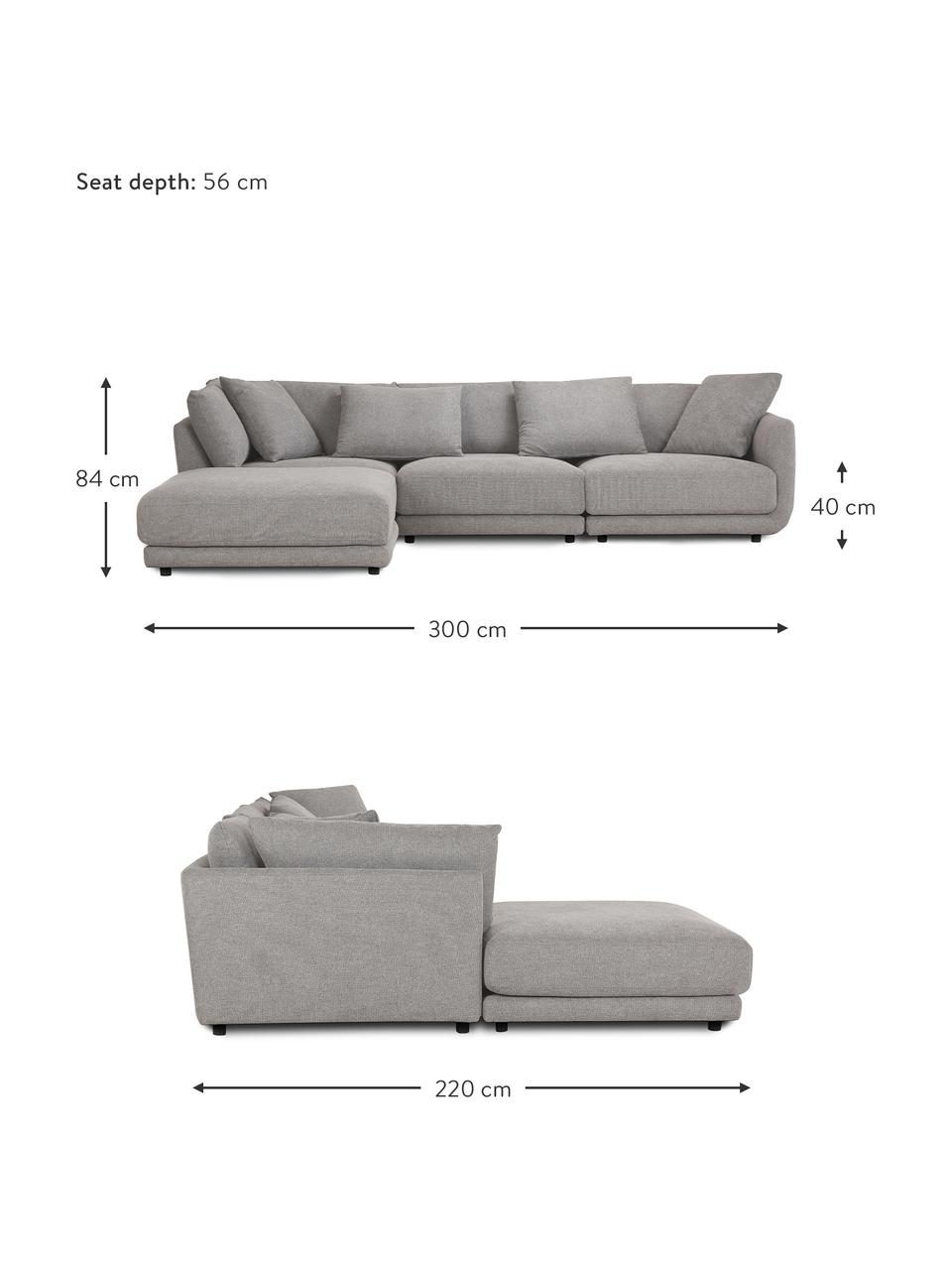 Modulaire zitbank Jasmin (3-zits) met kruk in grijs, Bekleding: 85% polyester, 15% nylon , Frame: massief sparrenhout FSC-g, Poten: kunststof, Stof grijs, B 300 x H 84 cm