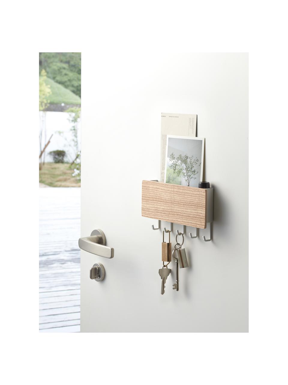 Perchero de pared con parte trasera magnética Rin, Estructura: acero con pintura en polv, Barra: madera, Blanco, madera clara, An 18 x Al 10 cm