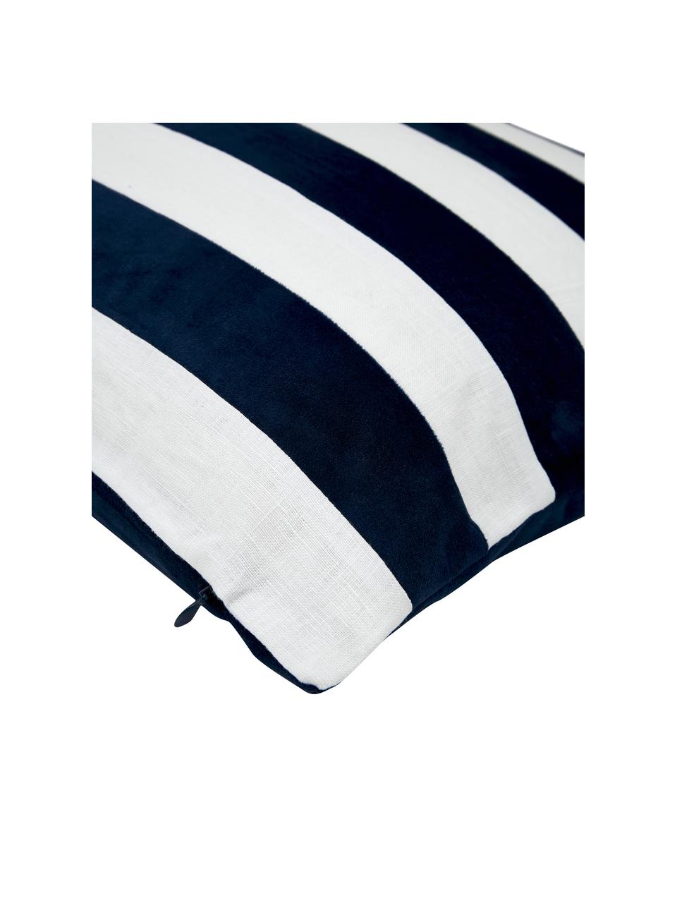 Housse de coussin en lin et velours Maui, Bleu foncé, blanc, larg. 30 x long. 50 cm