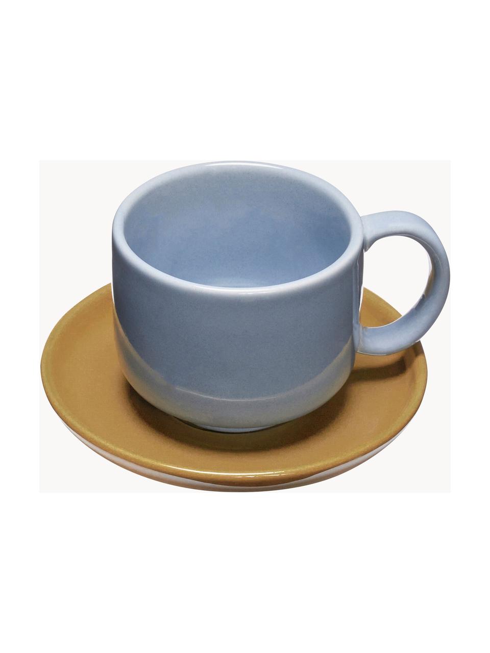 Tasse artisanale avec soucoupe Amare, Poudre de roche, Bleu ciel, jaune moutarde, Ø 9 x haut. 6 cm, 200 ml