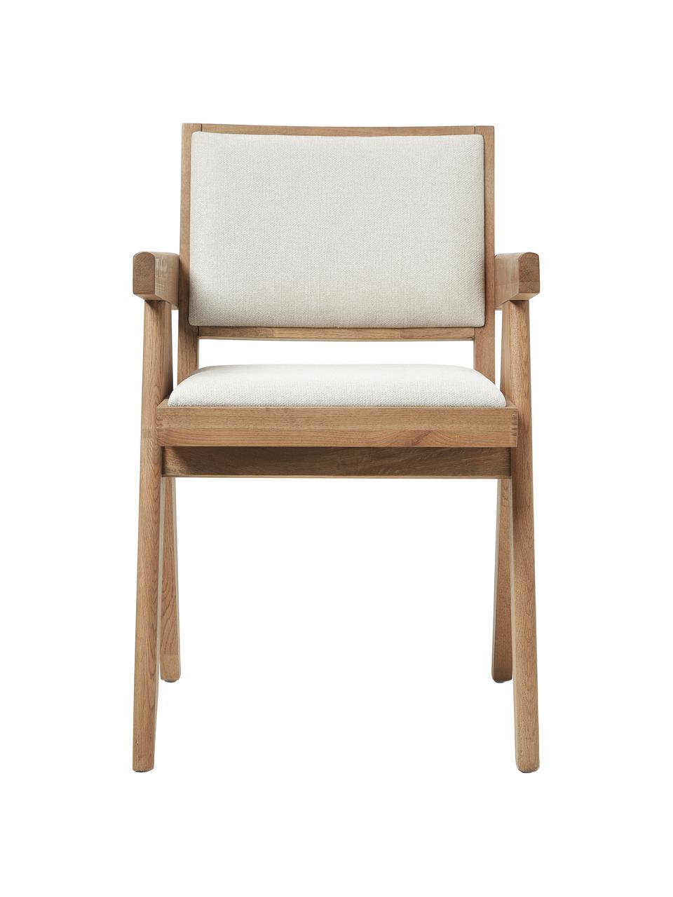 Krzesło tapicerowane z drewna z podłokietnikami Sissi, Stelaż: lite drewno dębowe, Tapicerka: 100% poliester, Kremowobiała tkanina, jasne drewno dębowe, S 58 x G 52 cm