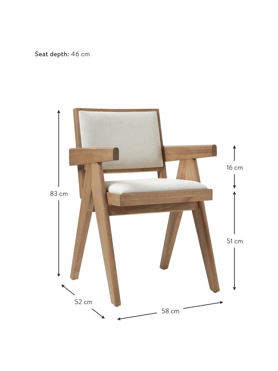 Polstrovaná židle s područkami Sissi, Krémově bílá, světlé dubové dřevo, Š 58 cm, H 52 cm
