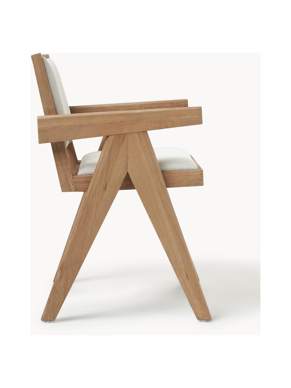 Silla tapizada con reposabrazos Sissi, Tapizado: 100% poliéster Alta resis, Estructura: madera de roble, Asiento: contrachapado de madera d, Tejido blanco crema, madera de roble clara, An 58 x F 52 cm