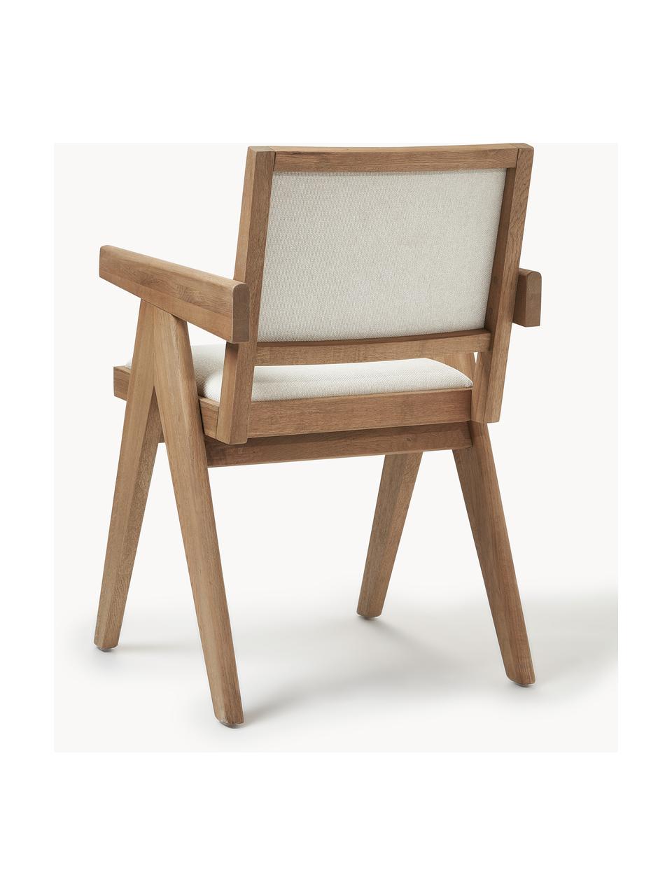Krzesło tapicerowane z drewna z podłokietnikami Sissi, Tapicerka: 100% poliester Dzięki tka, Stelaż: drewno dębowe, Kremowobiała tkanina, jasne drewno dębowe, S 58 x G 52 cm