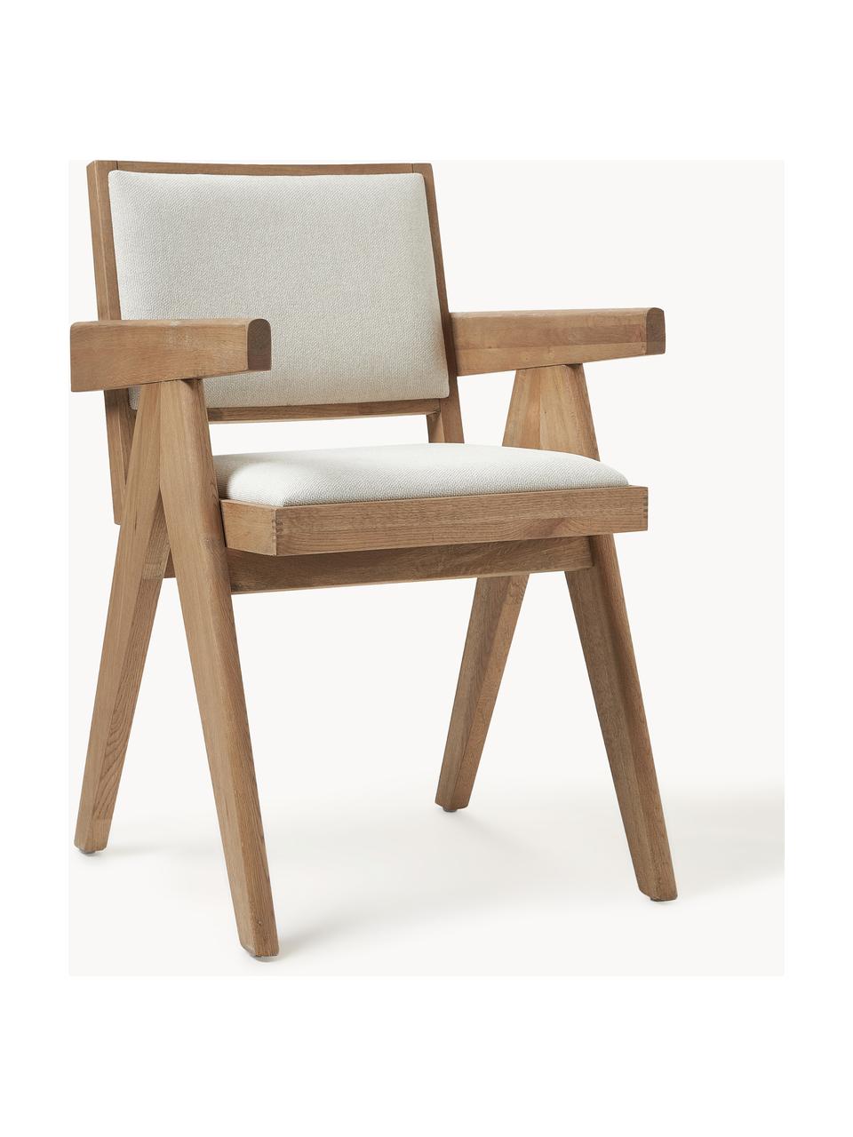 Silla tapizada con reposabrazos Sissi, Tapizado: 100% poliéster Alta resis, Estructura: madera de roble, Asiento: contrachapado de madera d, Tejido blanco crema, madera de roble clara, An 58 x F 52 cm