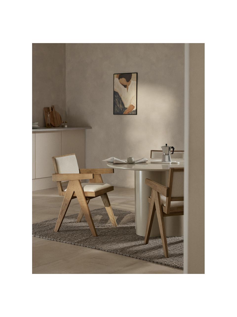 Silla tapizada con reposabrazos Sissi, Tapizado: 100% poliéster Alta resis, Estructura: madera de roble, Asiento: contrachapado de madera d, Tejido blanco crema, madera de roble clara, An 58 x F 52 cm