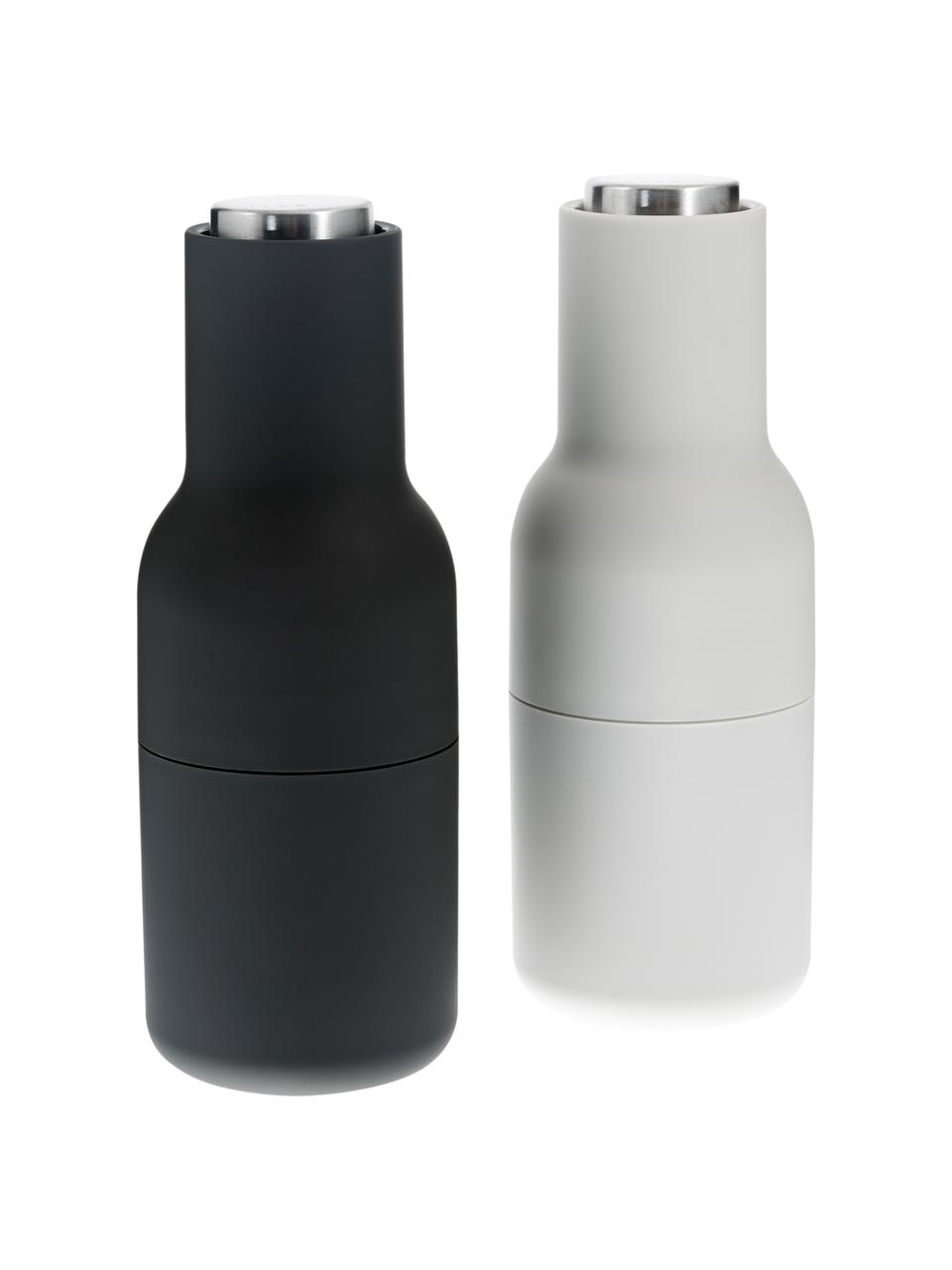 Salero y pimentero de diseño Bottle Grinder, 2 uds., Cuerpo: plástico, Grinder: cerámica, Gris antracita, gris claro, plateado, Ø 8 x Al 21 cm