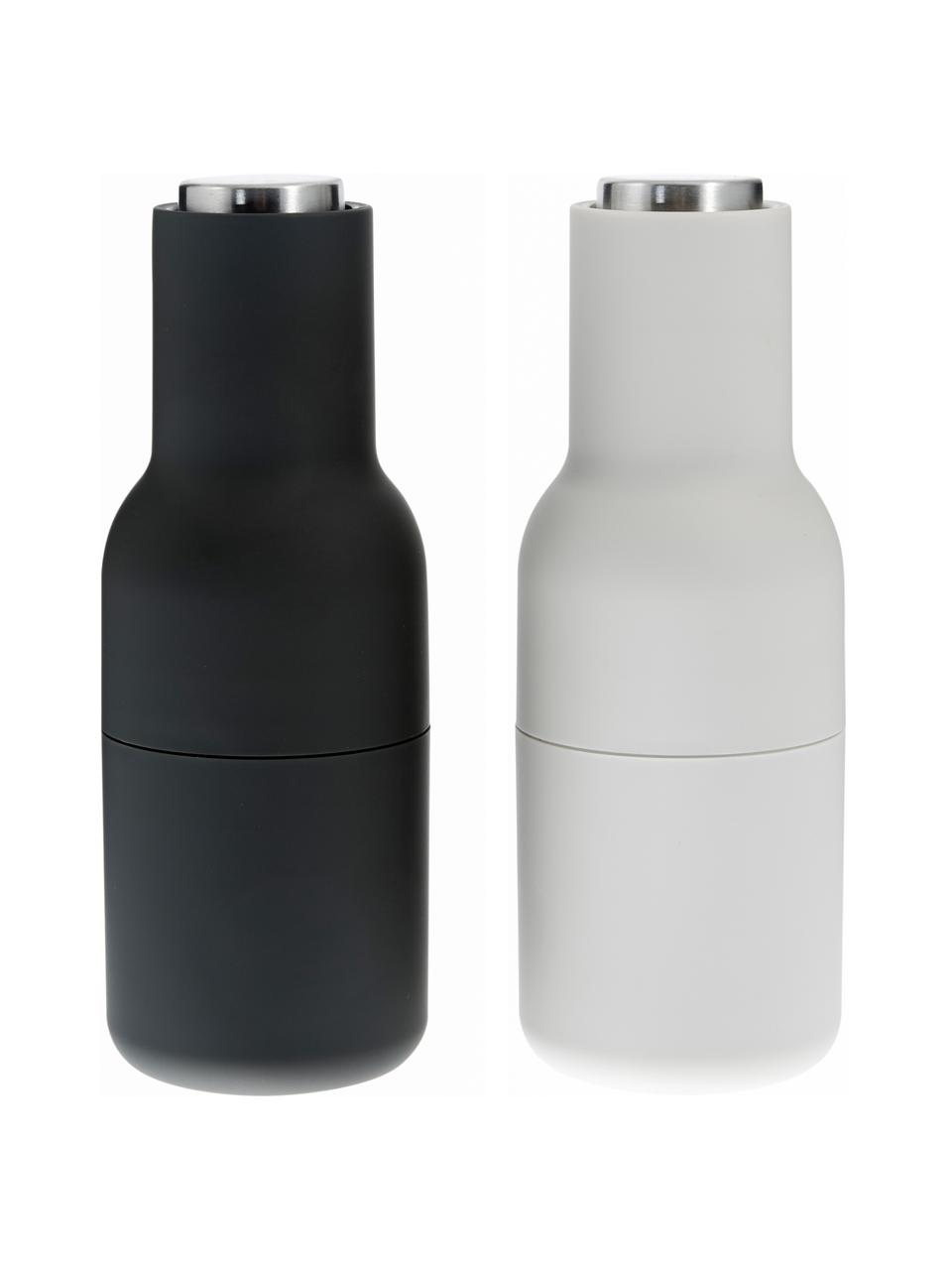 Designer zout & pepermolen Bottle Grinder met deksel van edelstaal, set van 2, Frame: kunststof, Deksel: edelstaal, Antraciet, lichtgrijs, zilverkleurig, Ø 8 x H 21 cm