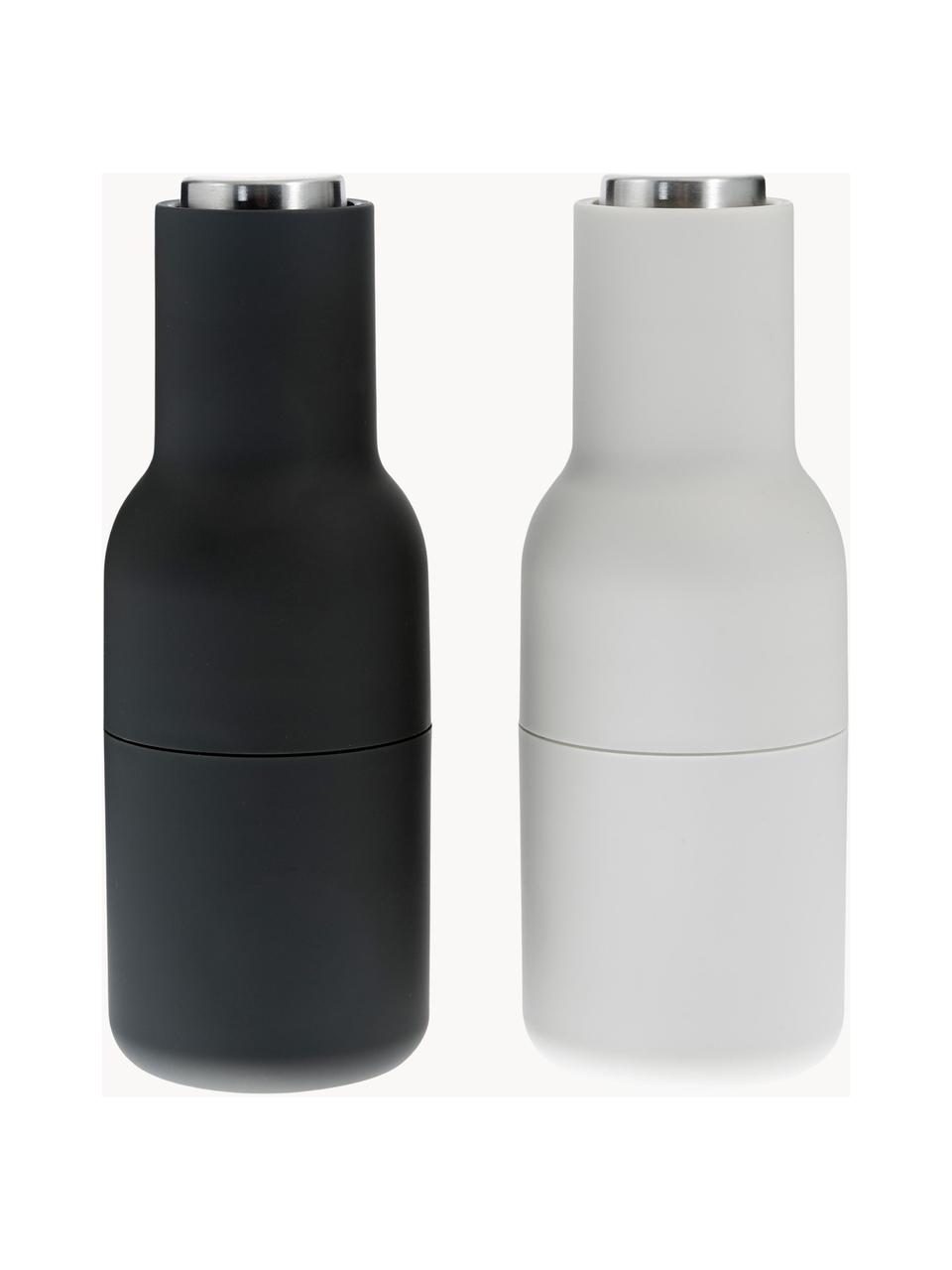 Salero y pimentero de diseño Bottle Grinder, 2 uds., Estructura: plástico, Grinder: cerámica, Gris antracita, blanco, plateado, Ø 8 x Al 21 cm