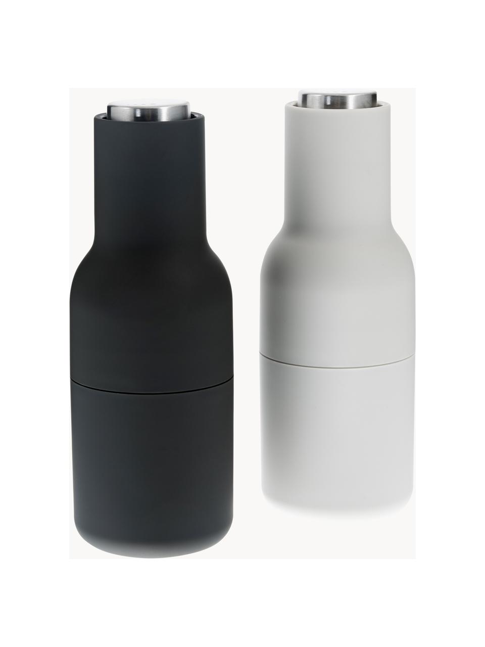 Salero y pimentero de diseño Bottle Grinder, 2 uds., Estructura: plástico, Grinder: cerámica, Gris antracita, blanco, plateado, Ø 8 x Al 21 cm