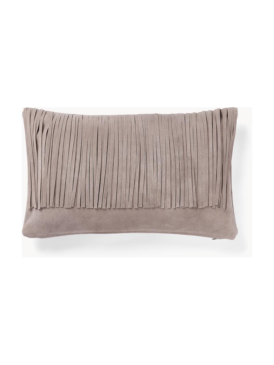 Housse de coussin en cuir avec franges Amaia, 100 % cuir, Taupe, larg. 30 x long. 50 cm