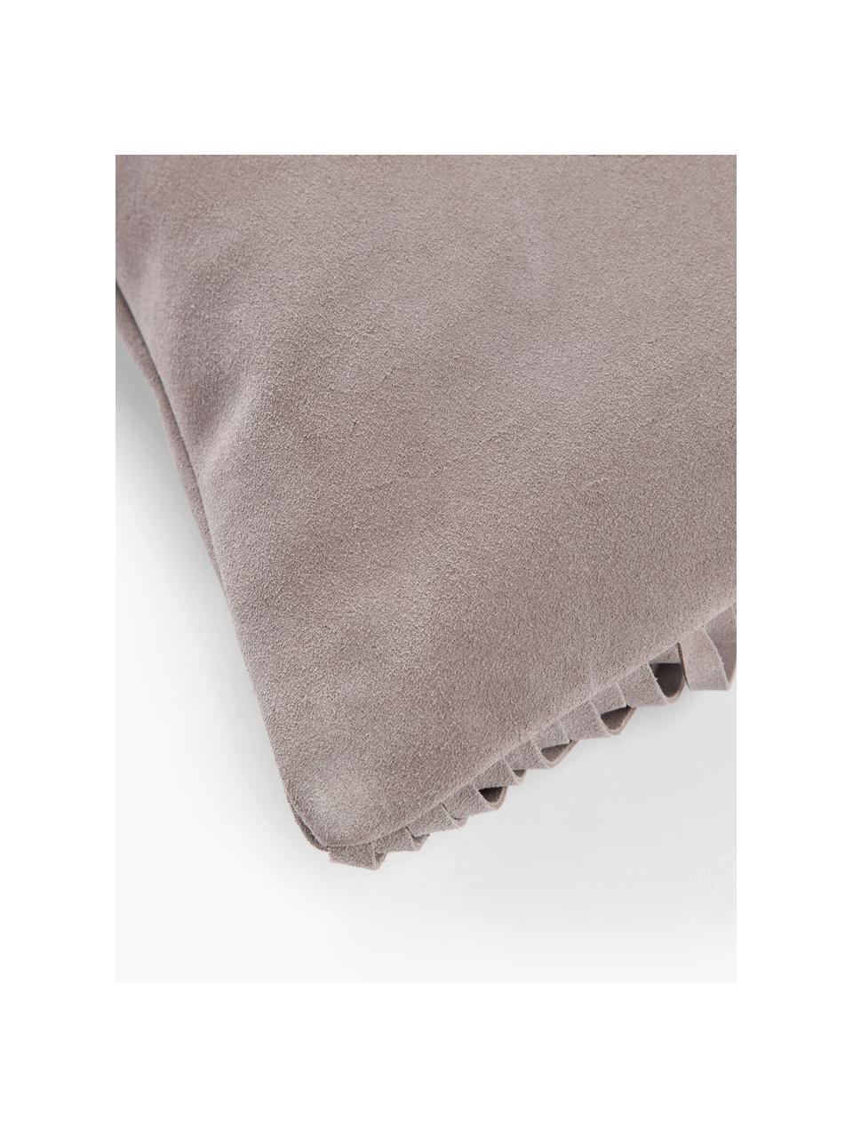 Housse de coussin en cuir avec franges Amaia, 100 % cuir, Taupe, larg. 30 x long. 50 cm